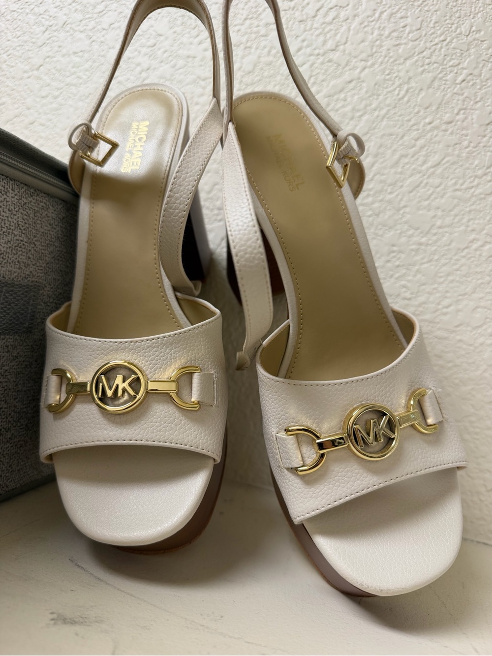 Michael Kors Cream Slingback Heels with Gold MK Medallion